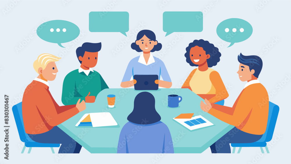 Poster a small group of volunteers sitting around a table discussing ways to improve the support hotline an