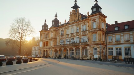 Fototapeta premium Spectacular sunset on an elegant historical villa in Treseburg, with warm light reflecting off its windows.