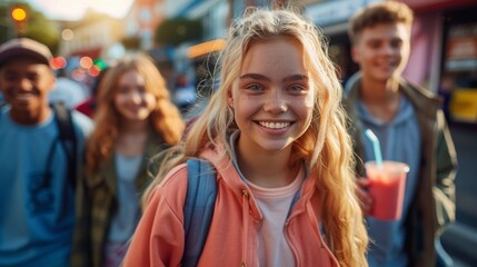 A diverse group of cheerful young friends in casual sportswear, enjoying a sunny day in the city, with focus on a smiling girl in the foreground.