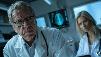 A focused male doctor with grey hair and glasses holding a clipboard alongside a blonde female doctor in a medical office.