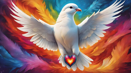 Colorful Dove of Peace: Symbol of Love and Harmony with Vibrant Wings and Heart