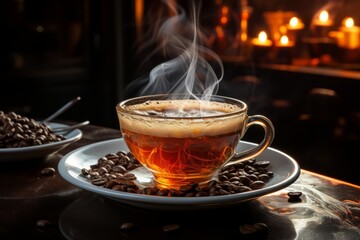 Coffee in a cup and saucer on a wooden table
