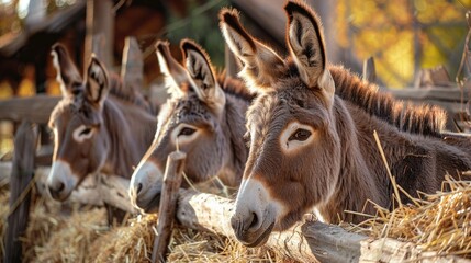 Donkeys munching on hay by the wooden fence