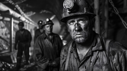 Naklejka premium Intense Black and White Portrait of a Coal Miner Covered in Soot and Sweat, Wearing a Helmet, Capturing the Harsh Reality and Determination in Mining Work