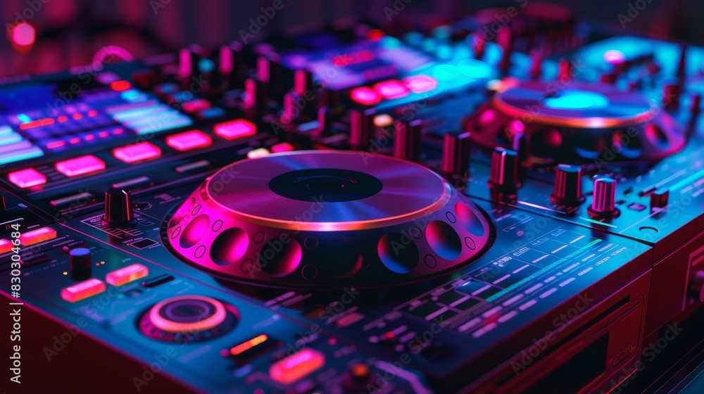 Aufkleber a close-up of a professional djs equipment in a dimly lit room, showcasing a sleek console and color