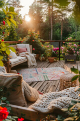Fototapeta premium Cozy wooden terrace with rustic wooden furniture, soft colorful pillows and blankets, decorations and rose flower bushes. Charming sunny evening in summer garden.