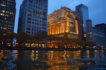 Obraz premium Sunset casting golden glow on tall urban skyscrapers in city skyline creates breathtaking view