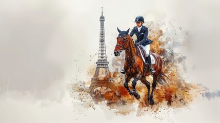 Naklejka premium Horizontal banner, watercolor illustration, Summer Olympic Games, equestrian sport, a rider gallops on a horse against the background of the Eiffel Tower, free space for text