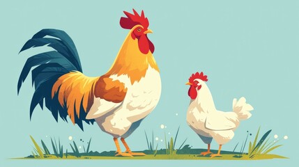 On the lush green lawn stand a rooster and a hen the domestic birds commonly found on farms depicted in a charming cartoon flat style in this 2d illustration