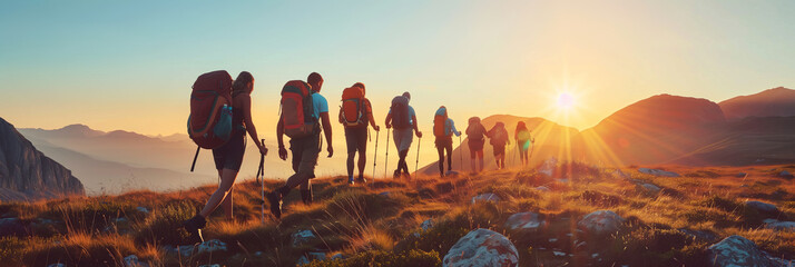 Group of tourists walking atop of a mountain on sunny sunset. - Powered by Adobe