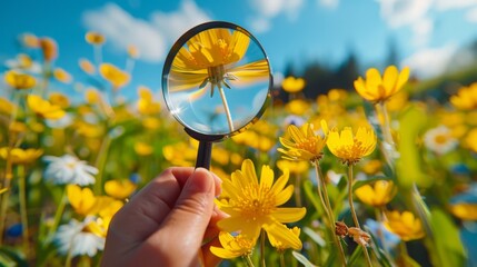 A hand holding a magnifying glass over a buttercup flower in a sunny field.
