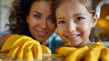 A smiling African American mother and her daughter wearing yellow gloves are engaging in a fun activity together.