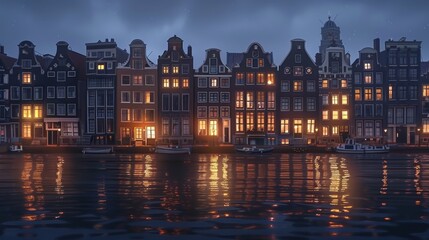 Fototapeta premium A tranquil evening scene of historic canal houses with lights reflecting on the water surface in a serene setting.