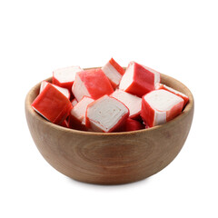 Tasty crab sticks in bowl isolated on white