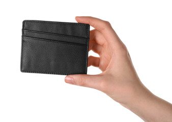 Woman holding leather business card holder on white background, closeup