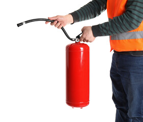 Man with fire extinguisher on white background, closeup