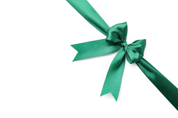 Green satin ribbon with bow isolated on white, top view