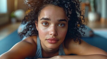 Biracial woman with curly hair resting on a yoga mat, looking into the camera with a serene expression.