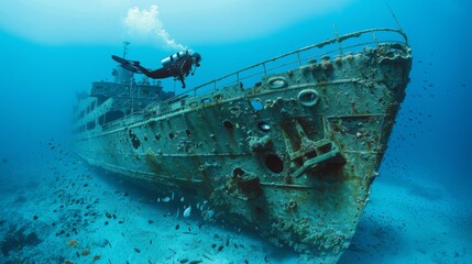A scuba diver explores a sunken shipwreck in the tranquil underwater world, surrounded by marine life and coral growth.