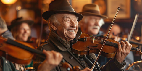 Cheerful senior musicians performing in a pub. Elderly performer playing a violin. People gathering in the background. - Powered by Adobe