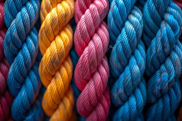 Close-up of multicolored ropes braided together.