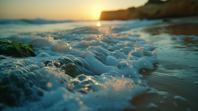 Long exposure shot capturing the serene motion of waves at Praia do Brejo Largo, Alentejo, Portugal during sunset.