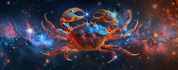 Cancer zodiac sign representation with a crab silhouette and starry galaxy background - Powered by Adobe