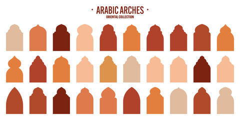 Islamic frames, oriental style objects. Arabic shapes, windows and arches. Traditional ornamental banner, frame. Muslim holidays, Ramadan Kareem. Modern eastern architecture. Vector illustration