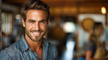A smiling man in a denim shirt with a blurred background of a studio and another person observing...