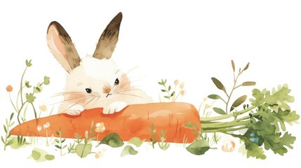 An adorable rabbit bunny or hare snuggling a carrot is depicted in this charming Easter watercolor illustration featuring a fluffy cartoon character that exudes cuddly charm all set against