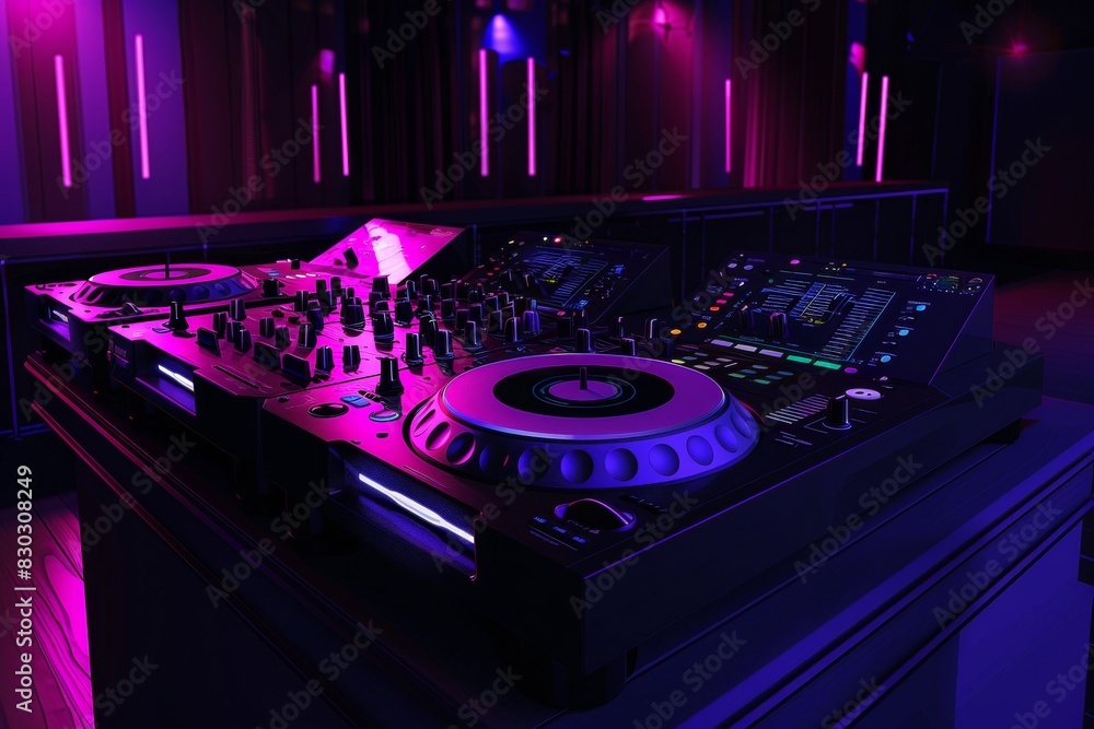 Poster a djs turntable spins in a dimly lit room, casting a soft, warm glow on the surrounding equipment. g