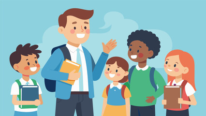 Fototapeta premium As the school day ends a group of younger students excitedly asks their peer mentor for advice on how to balance extracurricular activities with their schoolwork.. Vector illustration