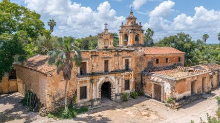 Fototapeta premium Aerial view of an ancient Mayan church with ornate architecture surrounded by lush vegetation under a clear blue sky.