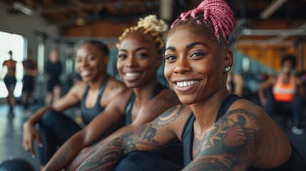 Fototapeta premium A group of happy female friends in sportswear, laughing together at a gym, exuding positivity and companionship.