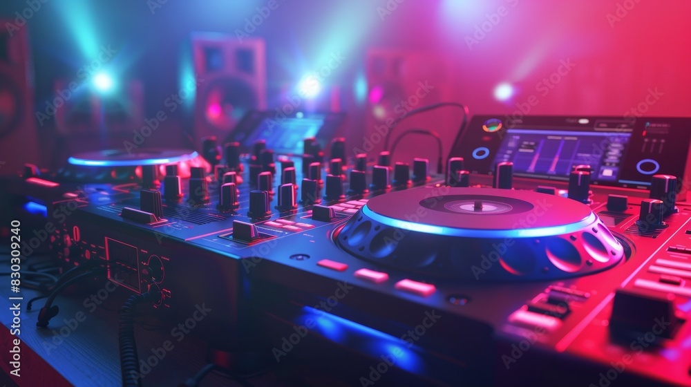 Poster a djs turntable stands illuminated in a dimly lit room, casting vibrant glows and shadows. generativ