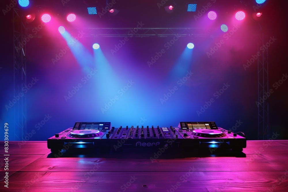 Poster A DJ set up with lights casting a vibrant glow on the stage, ready to spin tracks and entertain the crowd. Generative AI