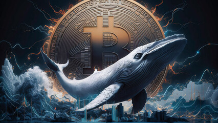 Bitcoin backdrop, decentralized finance concept, transaction charts and whale activity
