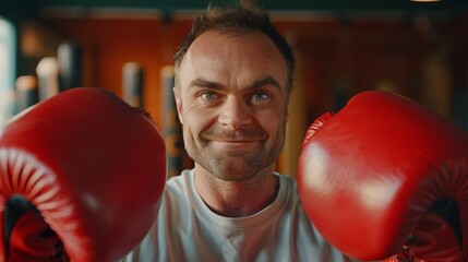 A smiling mature man with boxing gloves on, standing in a gym.