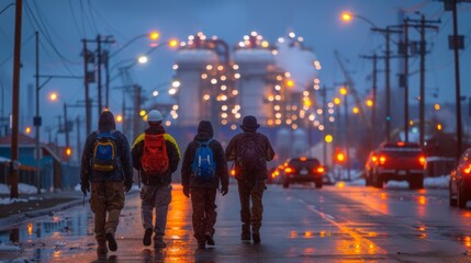 Obraz premium Workers walking towards an illuminated gas plant on a snowy evening, as cars pass by on a wet road.