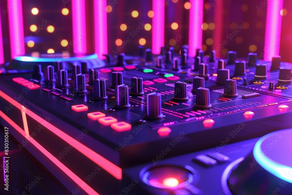 Poster a djs turntable spins, surrounded by a myriad of colorful lights in a vibrant dance floor setting. g