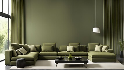 Living Room Mockup with Dark Green Sofa and Emerald Walls, Spacious Gallery Space and Deep Accent Background in a Modern Premium Design - 3D Rendering