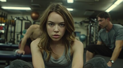 A focused young woman exercises in a gym with a fitness trainer assisting her, surrounded by workout equipment.