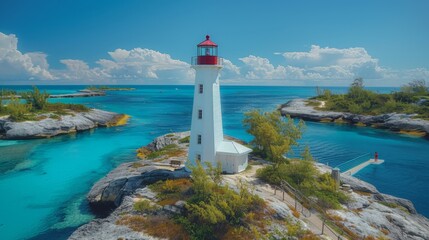 Aerial view of a lighthouse on a rocky outcrop surrounded by turquoise waters under a blue sky with clouds.