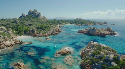 Aerial view of Porto Giunco beach with its clear turquoise waters and rocky coastline in Villasimius, Sardinia.