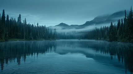 Misty lake surrounded by forest with fog hovering above water and trees, in a serene, cinematic landscape.