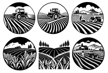 Black and white illustration set of a farmer working the fields with a tractor in a backdrop of ecofriendly farming landscape. Farm scenes captured in a circular vintage linocut style logo