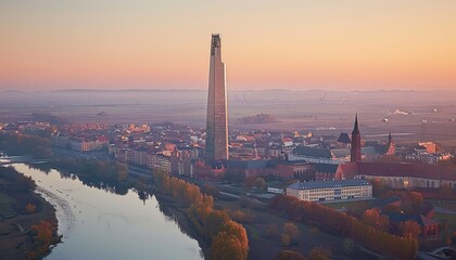 Naklejka premium Gleaming glass tower shines as beacon of contemporary design amidst historic structures in old town