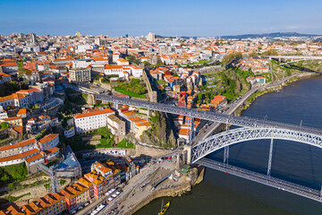 European city Porto with Luis I Bridge over Douro river in Portugal, aerial view