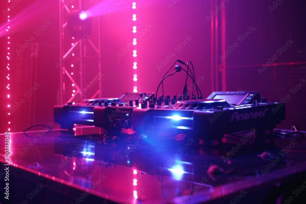 Poster a dj set up emitting vibrant lights in front of a mesmerizing purple backdrop, setting the scene for
