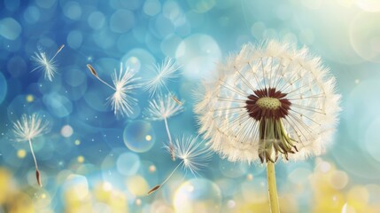 Dandelion seeds in the sunlight blowing away across a colorful background